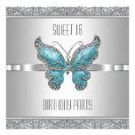 Teal Blue Butterfly Sweet 16 Birthday Party Custom Announcements