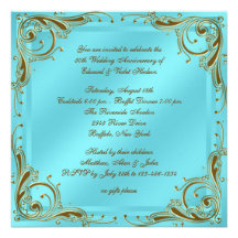 Teal Blue Gold 50th Wedding Anniversary Party Personalized Invitations