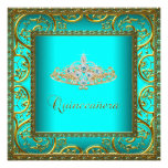 Teal Blue Gold Tiara Quinceanera Personalized Announcement