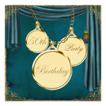Teal Blue Gold Womans 50th Birthday Party Custom Invitations