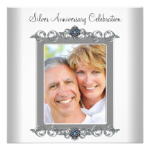 Teal Blue Photo Silver 25th Anniversary Party Custom Invitation