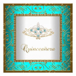 Teal Blue Quinceanera Gold Tiara Custom Announcements
