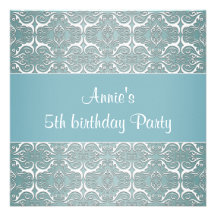 Teal Damask 5th Birthday Party Invitation Teal 5th