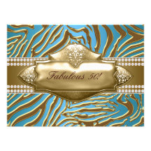 Teal Gold Zebra Womans 50th Birthday Party Custom Invitation