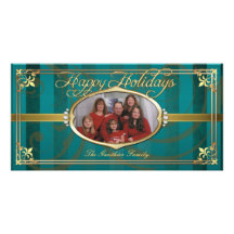 Teal Pinstriped Gold Faux Jewel Photo Cards