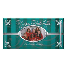Teal Pinstriped Silver Faux Jewel Photo Cards