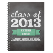 Teal ribbon banner chalkboard graduation student notebooks