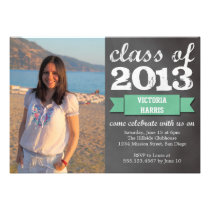 Teal ribbon banner chalkboard photo graduation invitations