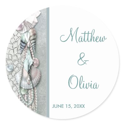 Teal Seashells Pearl Beach Wedding Favour Stickers by WeddingCentral