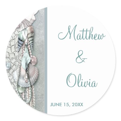 Teal Seashells Pearl Beach Wedding Favour Stickers by WeddingCentral Teal Seashells Pearl Beach Wedding Favour Stickers by WeddingCentral