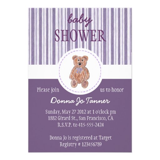 Teddy Bear Sketch Baby Shower Invitation - Purple