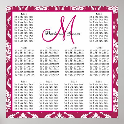 Template wedding seating chart fuchsia pink damask poster by monogramgallery