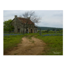 Texas farm house with bluebonnets post card
