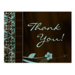 Thank You Postcard Blue Flower Damask Brown