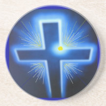 The blue backlit Cross. Drink Coaster