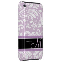 Thistle Purple and white floral damask w/ monogram Barely There iPod Cover