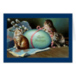 Three Cats & Big Blue Easter Egg Greeting Card