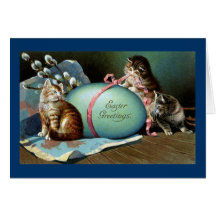 Three Cats & Big Blue Easter Egg Greeting Card