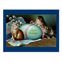Three Cats & Big Blue Easter Egg Postcard