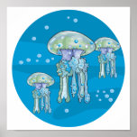 three jellyfish underwater circle design posters