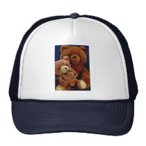 Three teddy bears sitting on each other's laps hats
