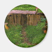 Tiny Wooden House With Mushrooms Fridge Magnets