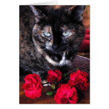 Tortoiseshell Cat with Red Flowers Card