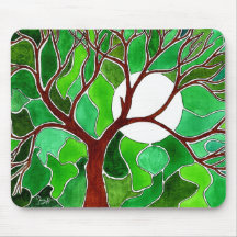 Tree and Moon Art on Canvas - Green Mousepad