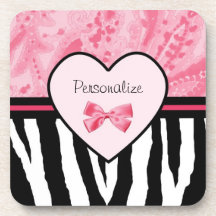 Trendy Pink And Black Zebra Pattern With Name Beverage Coaster