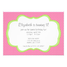 Trendy Pink Polka Dots Green Frame Birthday Party Personalized Invitation