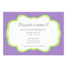 Trendy Purple Polka Dot Green Frame Birthday Party Custom Announcements