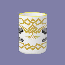 Tribal T-Rex Skulls yellow mugs