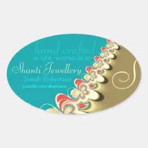 Tropical Beach Aqua + Gold Label Oval Sticker