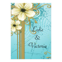 Tropical Flowers With Golden Vines Grunge Wedding Invitation