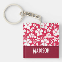 Tropical Fuschia Hibiscus; floral Square Acrylic Key Chains