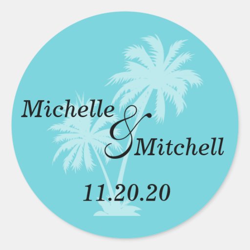 Tropical Palm Trees Wedding Labels (Teal) Round Sticker