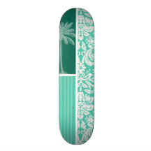 Tropical Seafoam Green Damask Skateboard