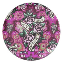 True Love Forever Psychedelic roses and banners. plates