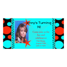 Turquoise and Coral Polka Dots Photo Card