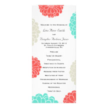 Turquoise and Coral Zinnia Flower Wedding Program Personalized Rack Card