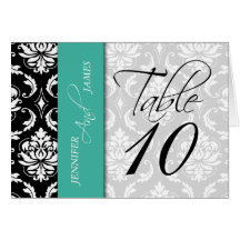 Turquoise Damask Table Number Card Bride Groom