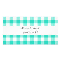 Turquoise gingham pattern wedding favours photo card template