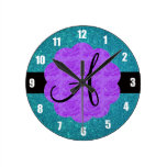 Turquoise glitter purple roses monogram wall clocks