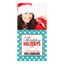 Turquoise Polka Dot Red Happy Holidays Photo Cards