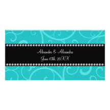 Turquoise swirls wedding favors photo card template