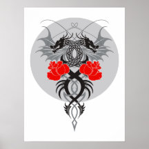 Twin Dragons With Tails Entwined Red Roses Poster