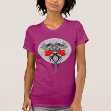 Twin Dragons With Tails Entwined Red Roses T-shirt