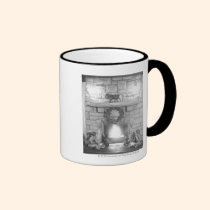 Two girls sitting by a fireplace at Christmas mugs