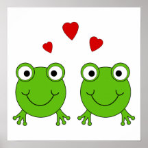 Two green frogs with red hearts. poster