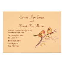 Two Little Bird Sparrows Peach Brown Rustic Nature Personalised Invite